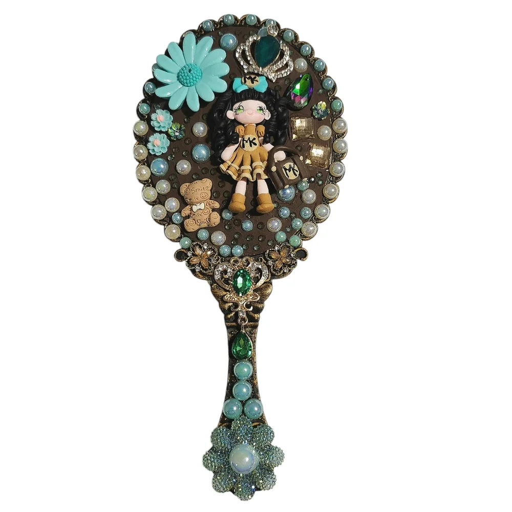 Handheld Beauty Makeup Mirror Clay Doll Bling Embellished Fashion Teal Brown